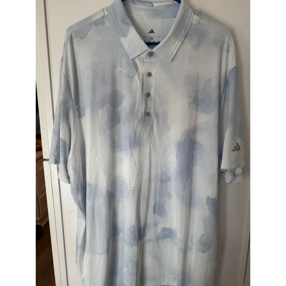 Adidas Mens 2XL Blue White Watercolor Cloud Print Golf‎ Polo Shirt NWT